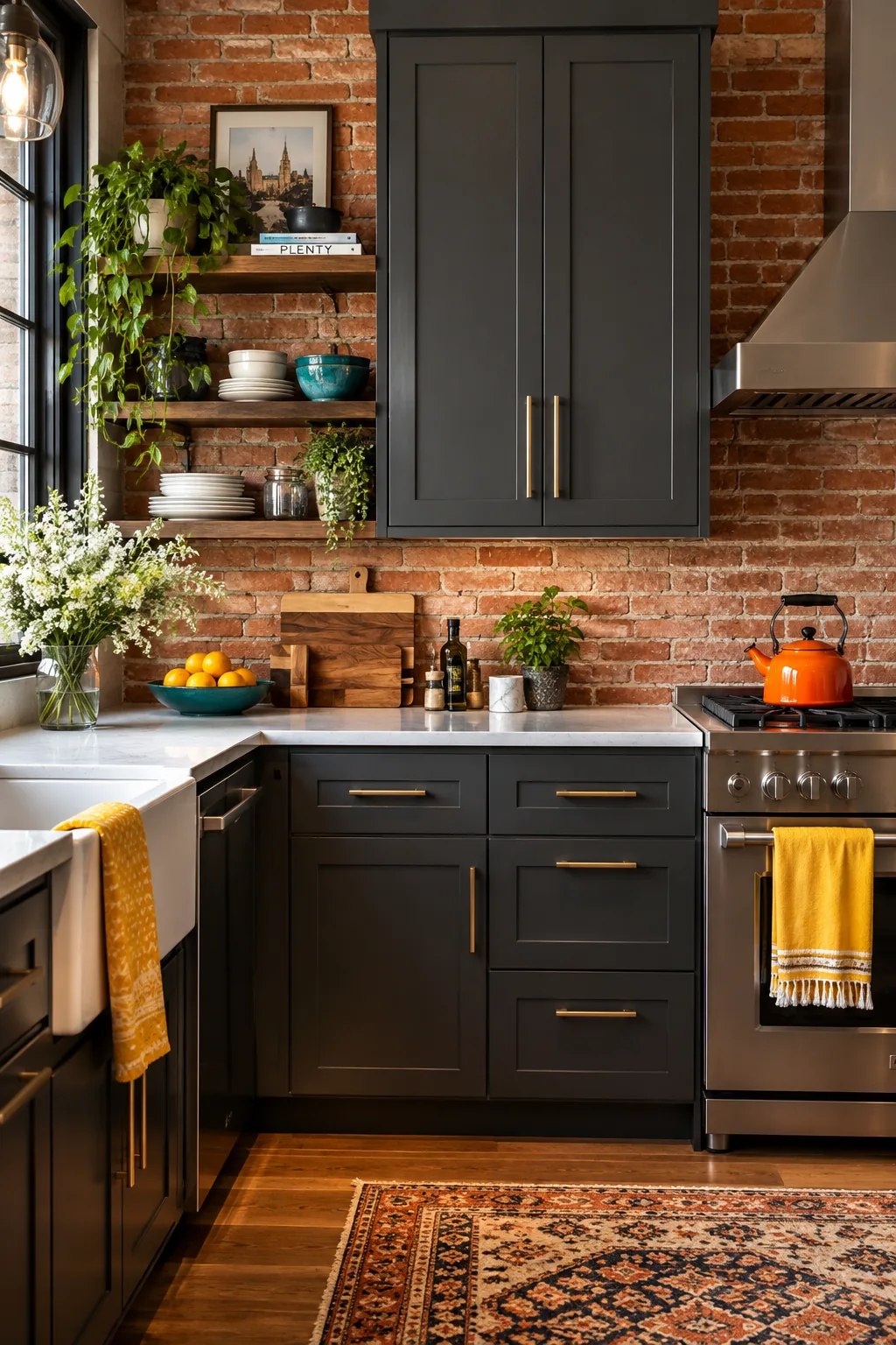 Charcoal gray kitchen cabinets with crisp white quartz countertops