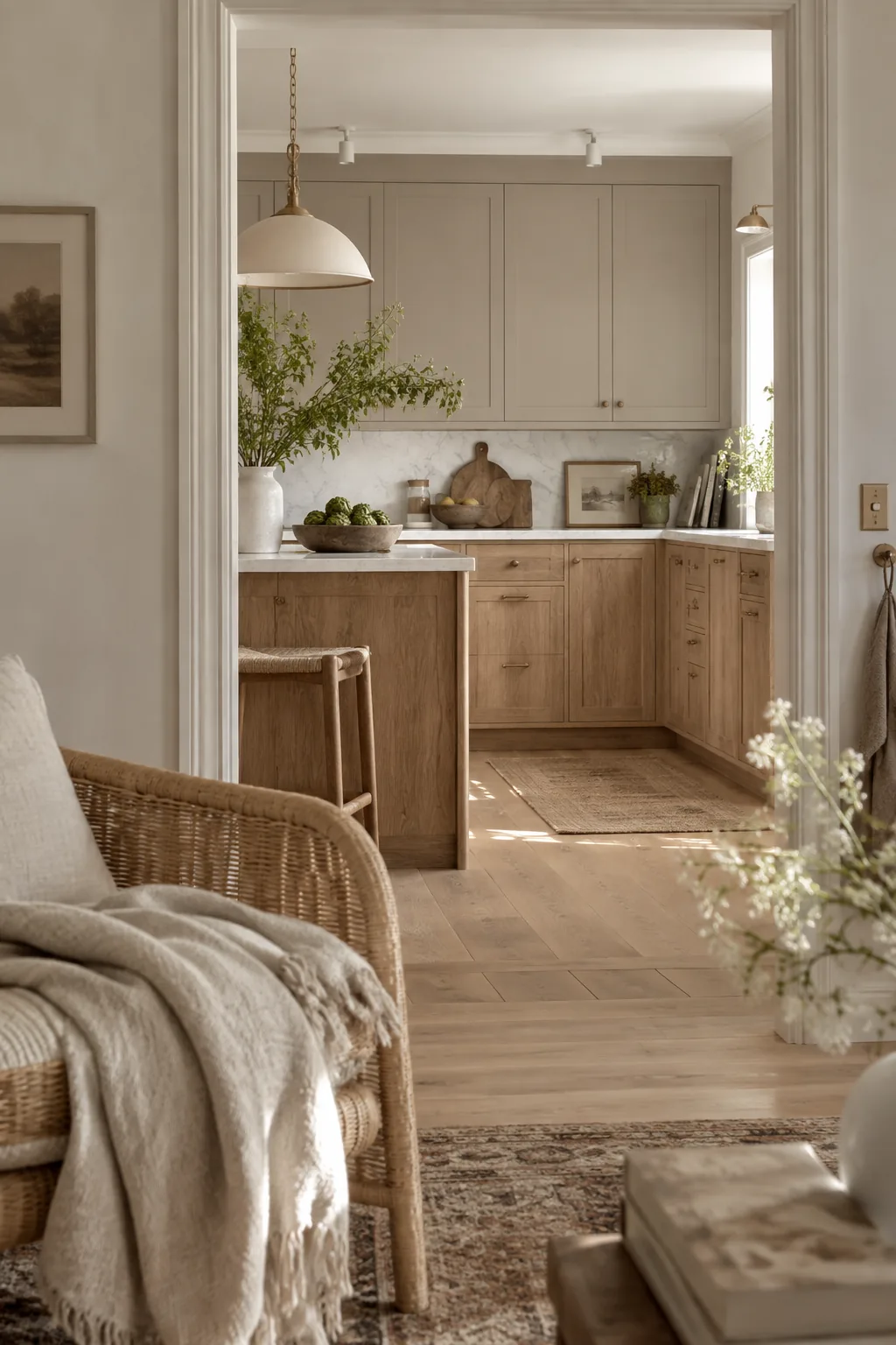 Greige upper cabinets with white oak lower cabinets