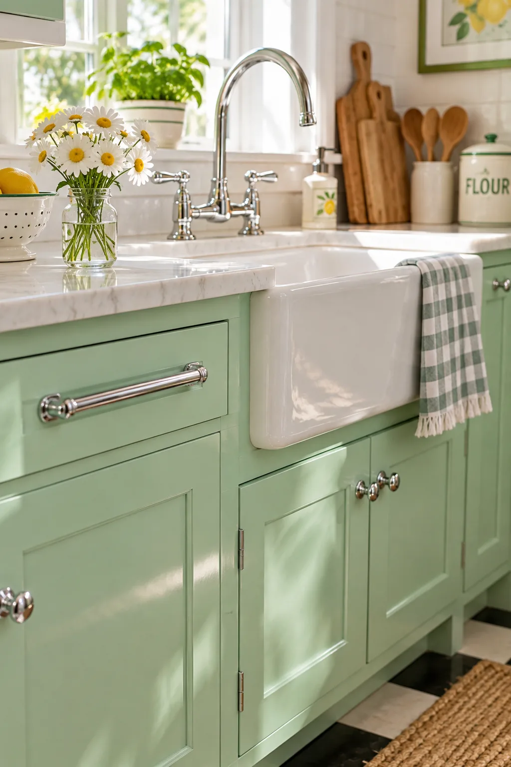 Pale mint green kitchen cabinets with a white farmhouse sink