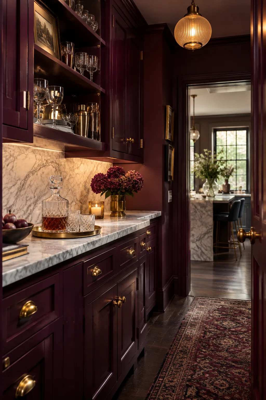Deep plum kitchen cabinets in a small butler's pantry