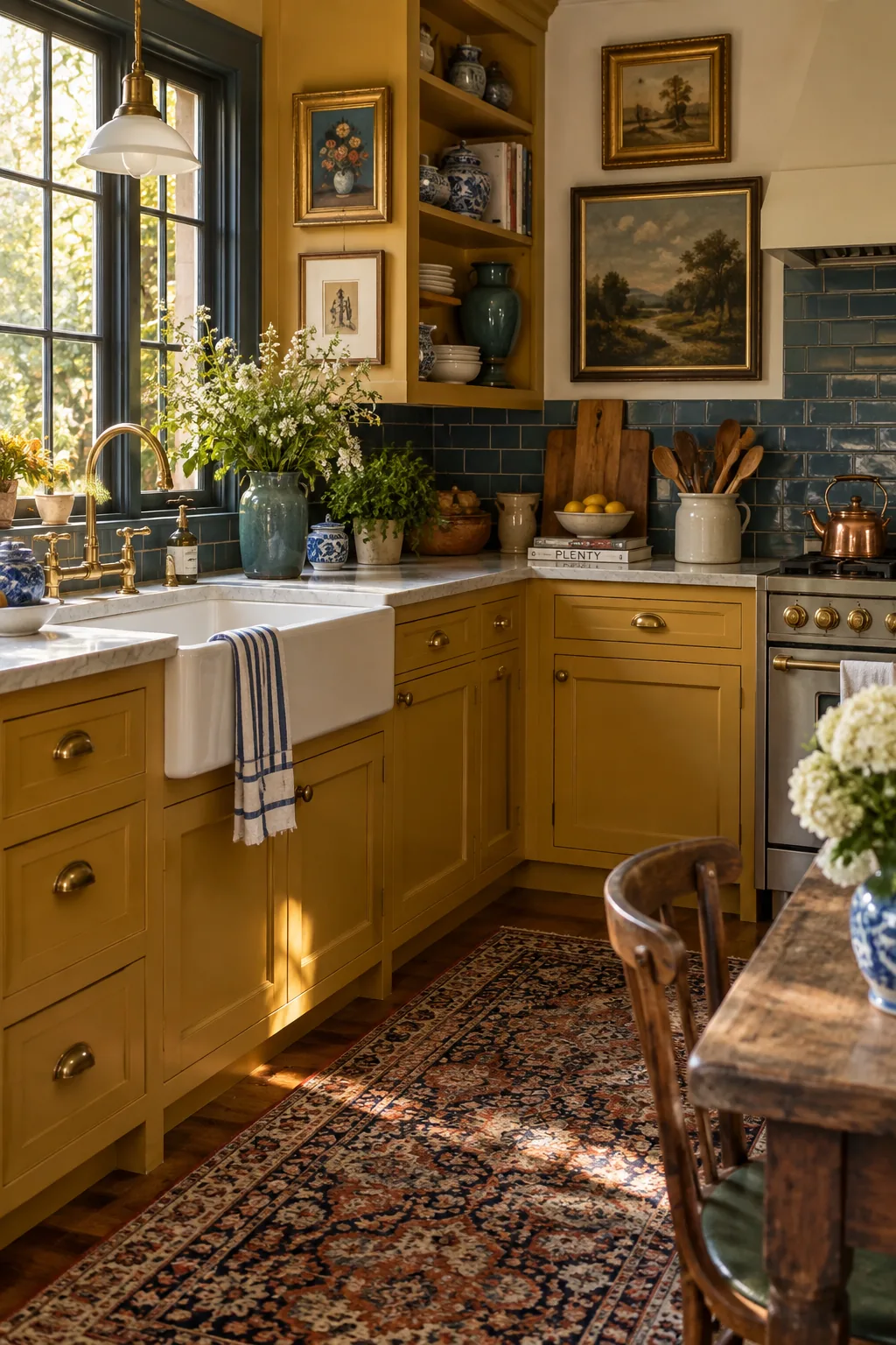 Mustard yellow kitchen cabinets with slate floor tiles