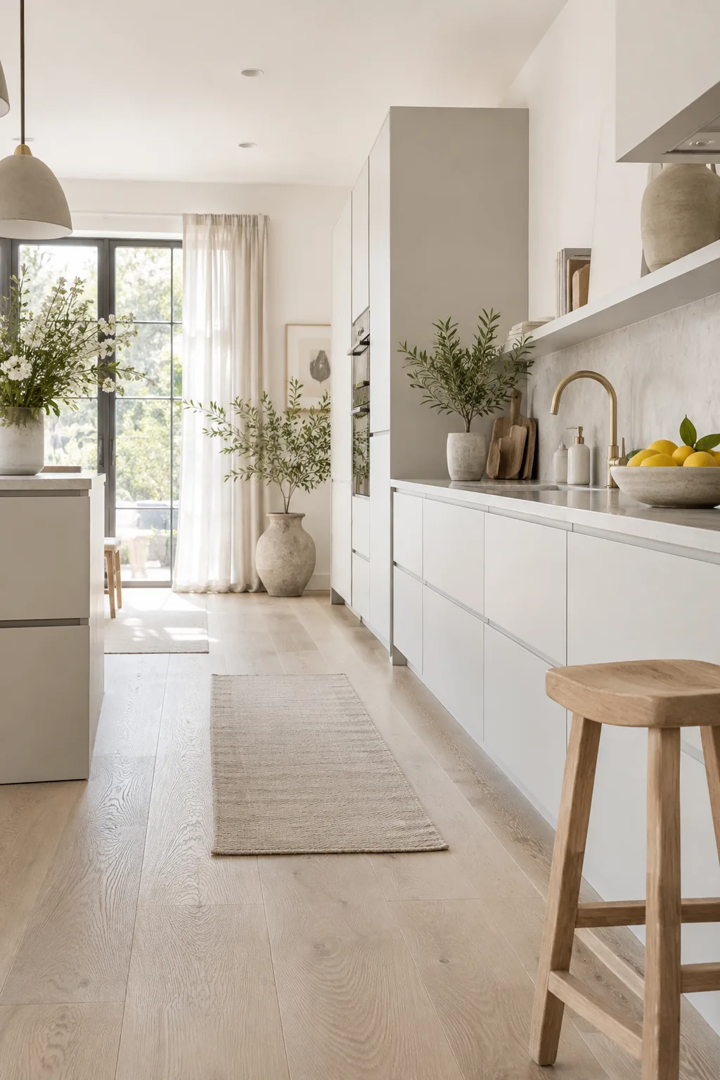 Light gray kitchen cabinets with white subway tile