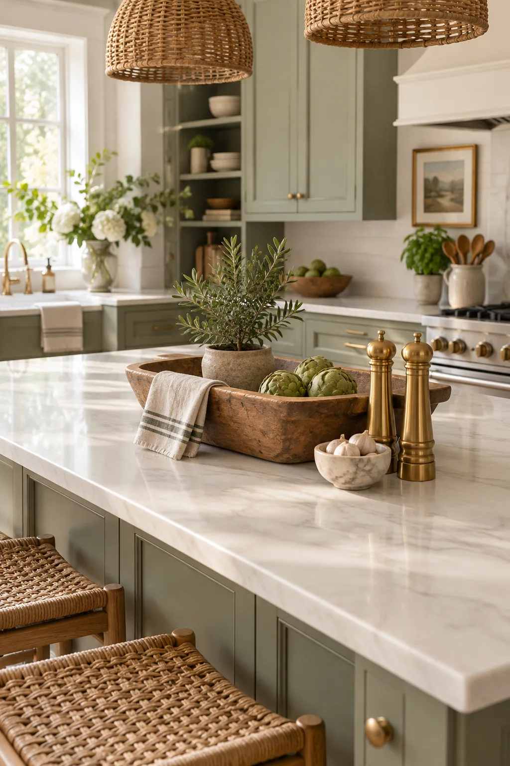 A modern farmhouse kitchen island styled with a vintage dough bowl and brass accents.