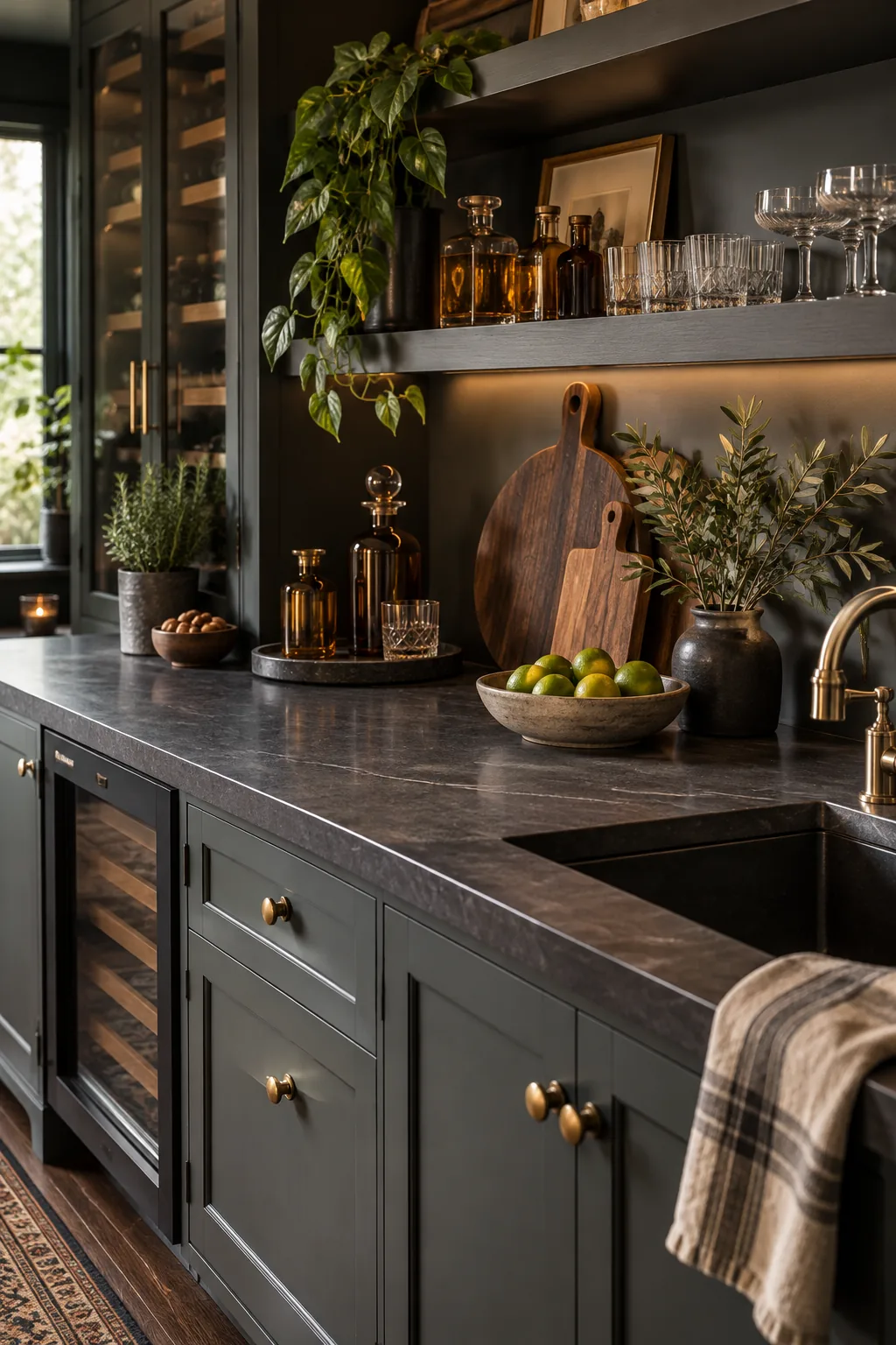 A moody kitchen bar area styled with dark walnut boards and amber glass bottles against slate walls.