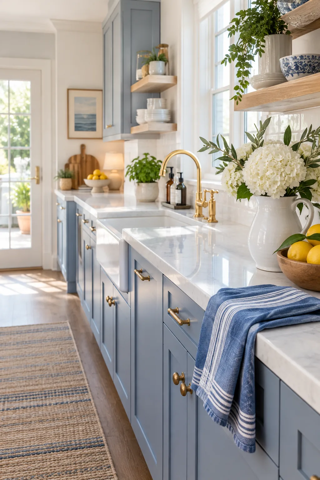 A bright coastal galley kitchen counter styled with a white pitcher and blue linens.