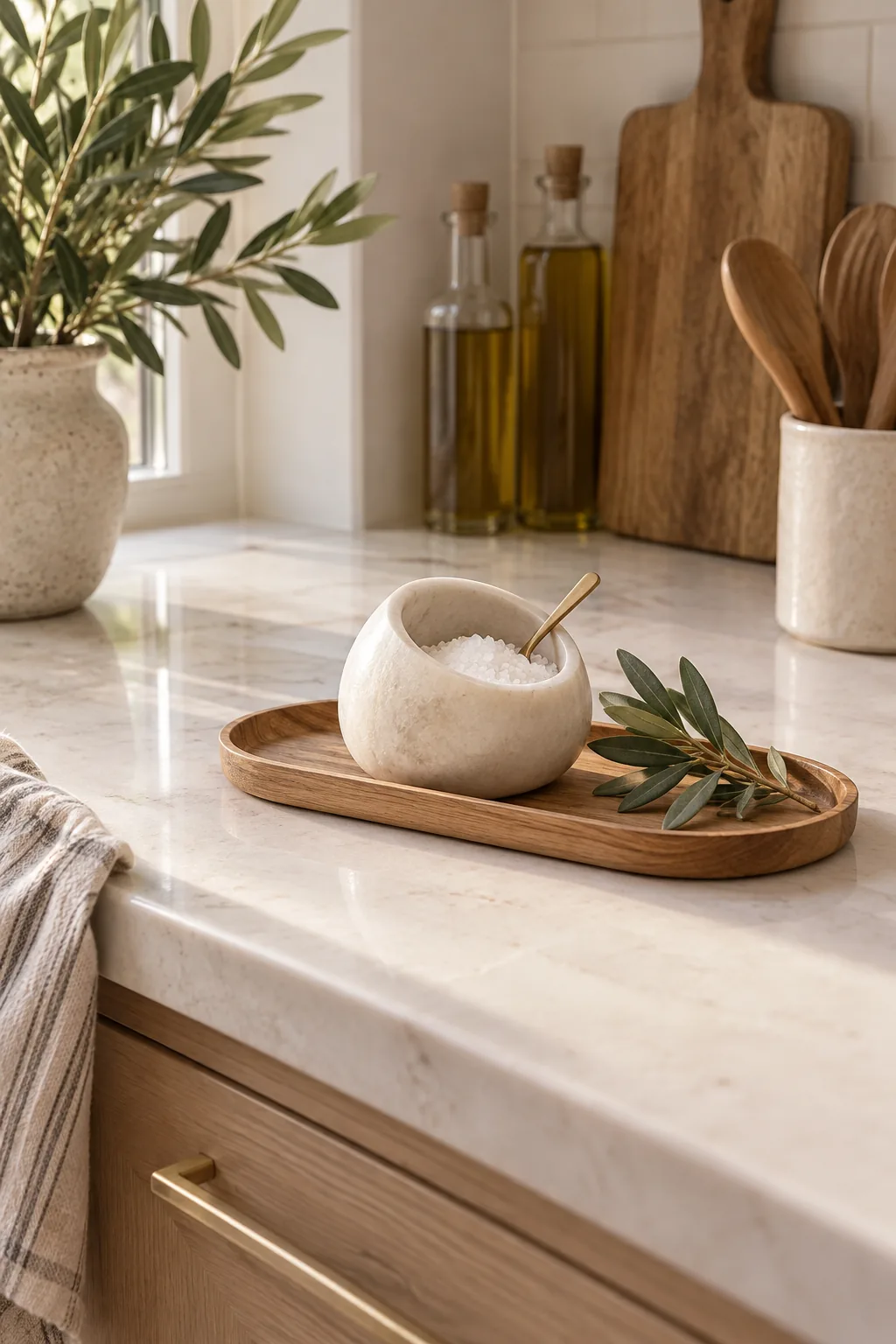 A minimalist apartment kitchen counter with a sleek ash wood tray and sculptural salt cellar.
