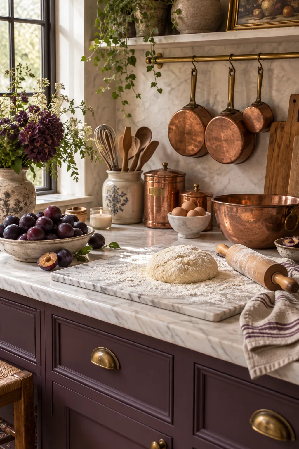 A French country baking station styled with glowing copper pots and a bowl of dark plums.