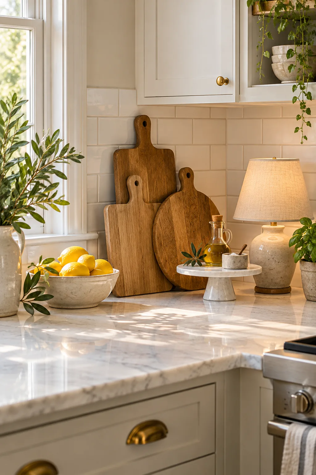 A fully styled bright kitchen counter corner featuring layered wood boards, a small lamp, and fresh lemons.