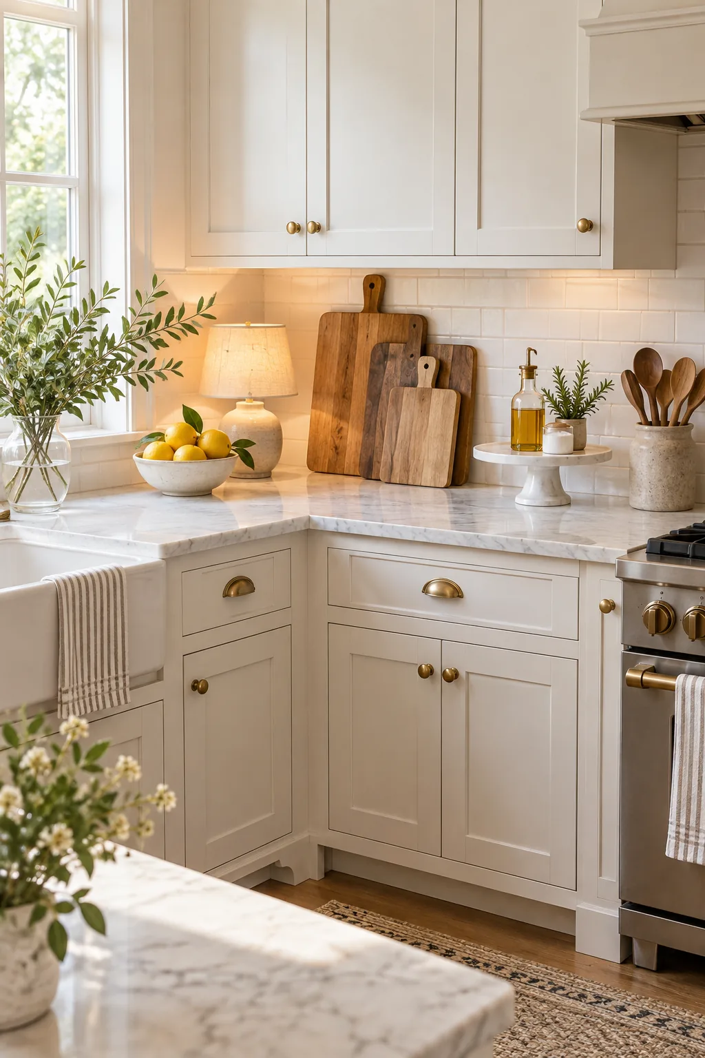 Three wood cutting boards of varying sizes and tones leaning against a white subway tile kitchen backsplash.