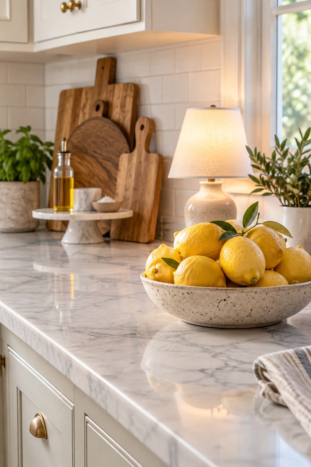 A shallow ceramic bowl filled with bright yellow lemons sitting on a marble kitchen counter.