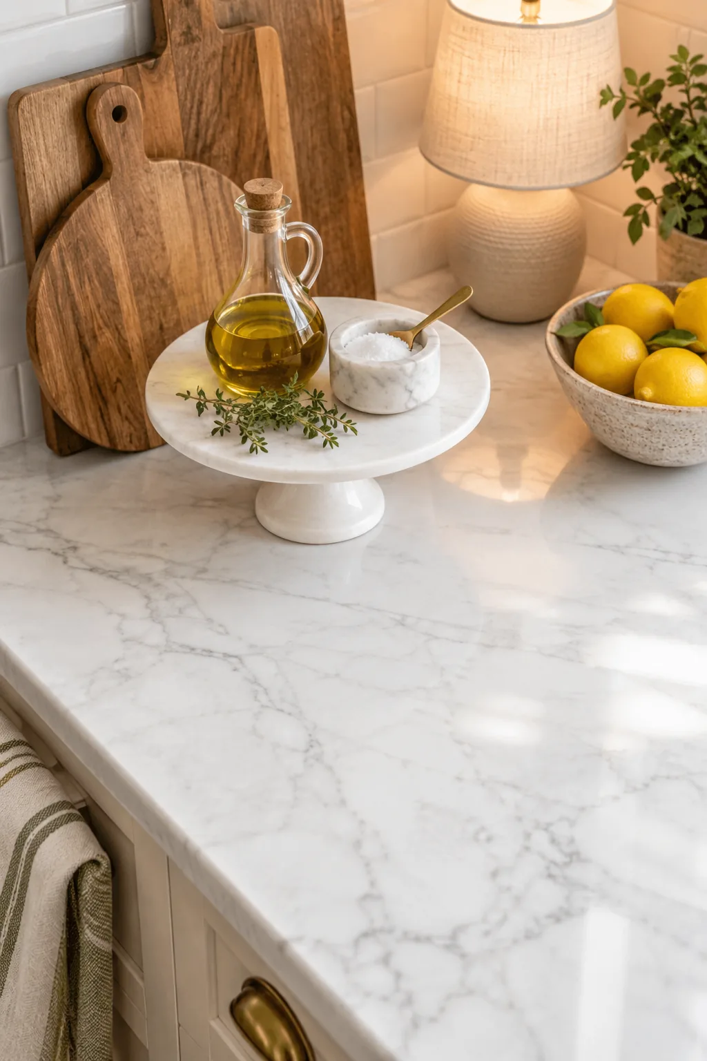 A long stretch of empty, clean white marble kitchen counter with a styled decor arrangement visible in the far corner.