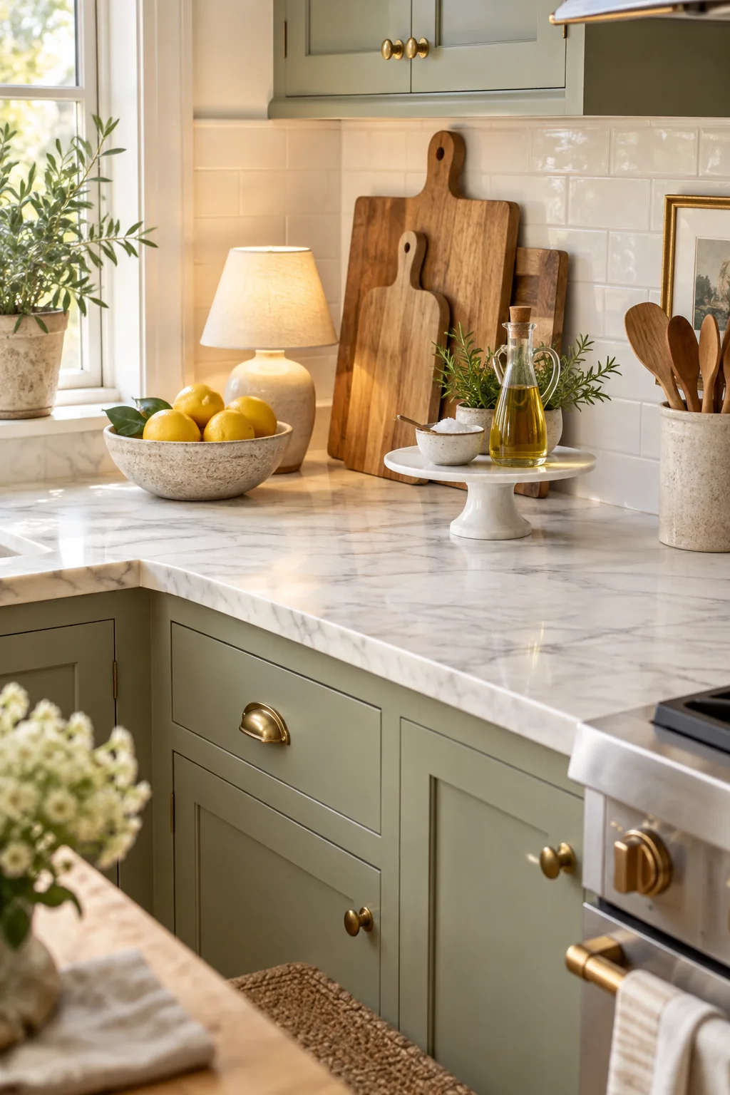 A white footed cake stand holding cooking oil and salt on a spotless marble kitchen counter.
