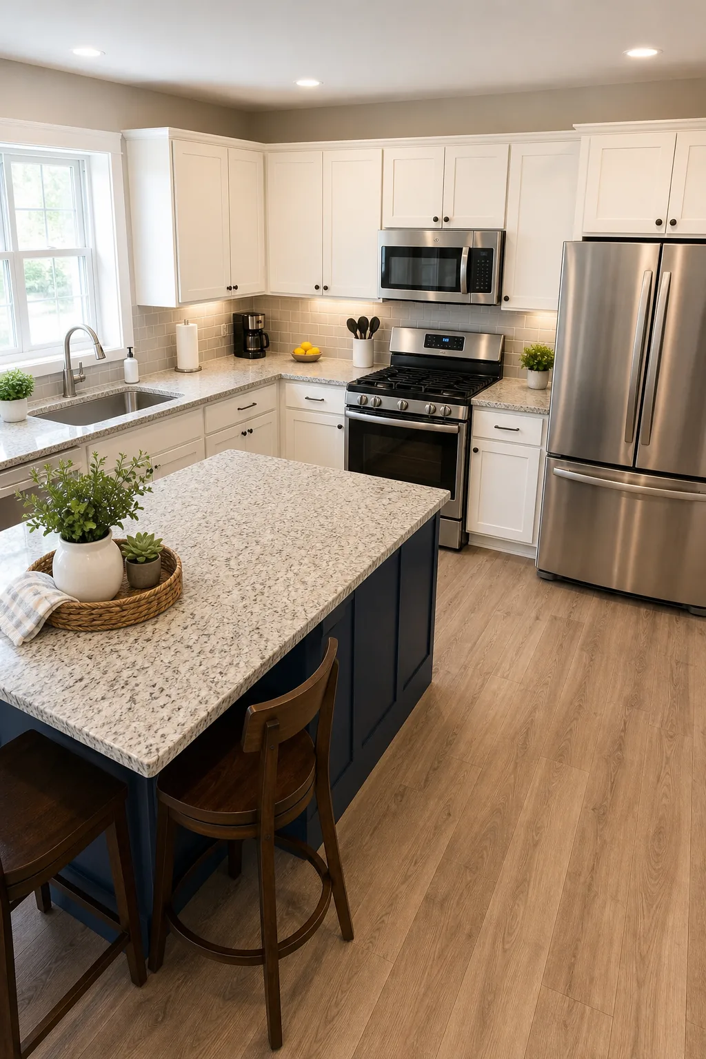 Elevated wide view of a modern kitchen showing the sink, range, and refrigerator arrangement.