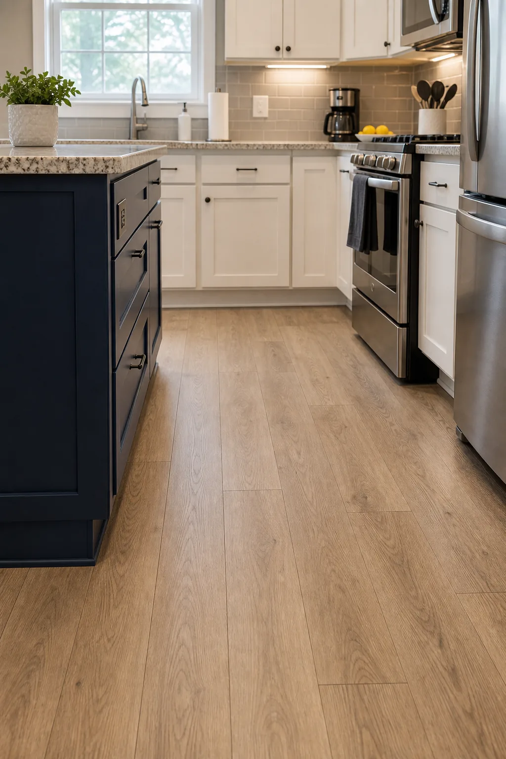 Floor-level view down a wide kitchen aisle with wood flooring between an island and main counter.