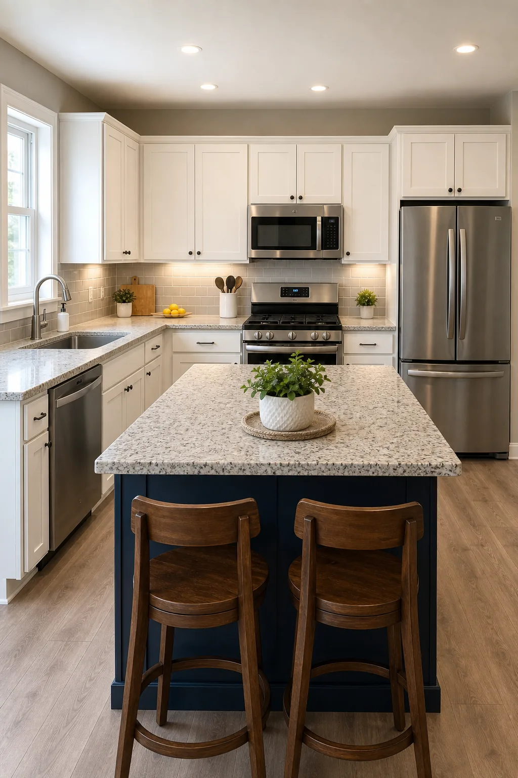 Symmetrical view of a balanced kitchen layout featuring a large island with seating.