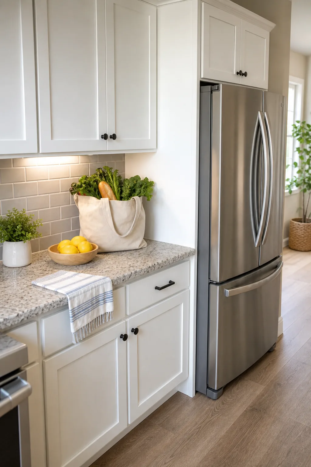 Clear granite countertop space styled with a cutting board between a stainless sink and range.