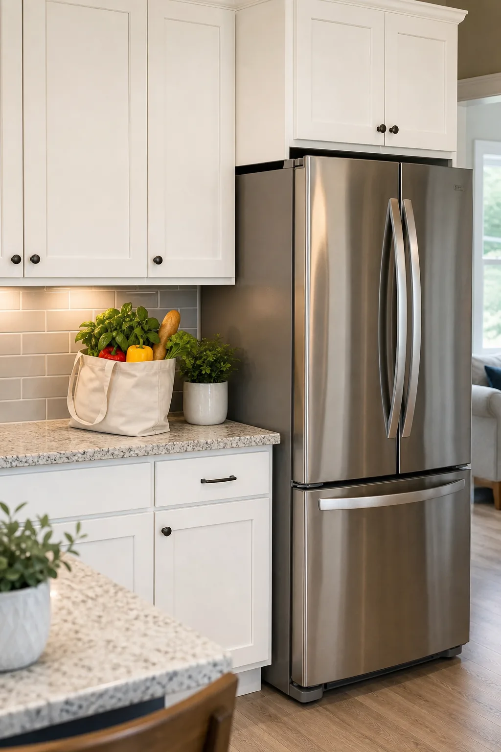 Stainless steel refrigerator next to a clear section of white cabinetry and granite counter.