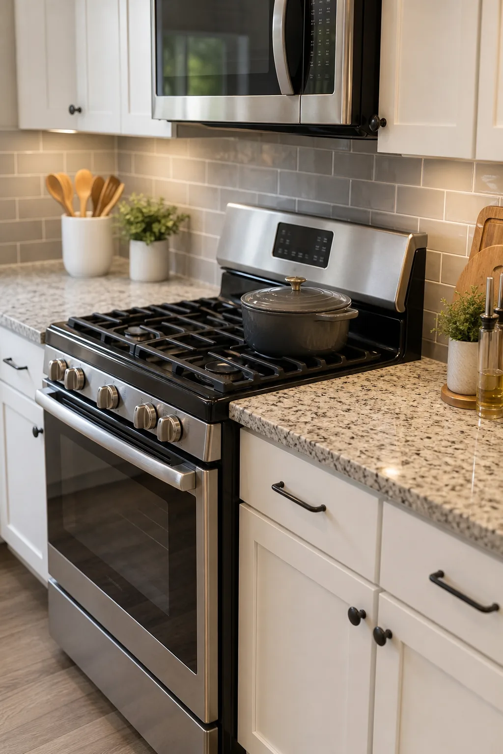 Stainless steel gas range flanked by clear granite countertops on both sides.