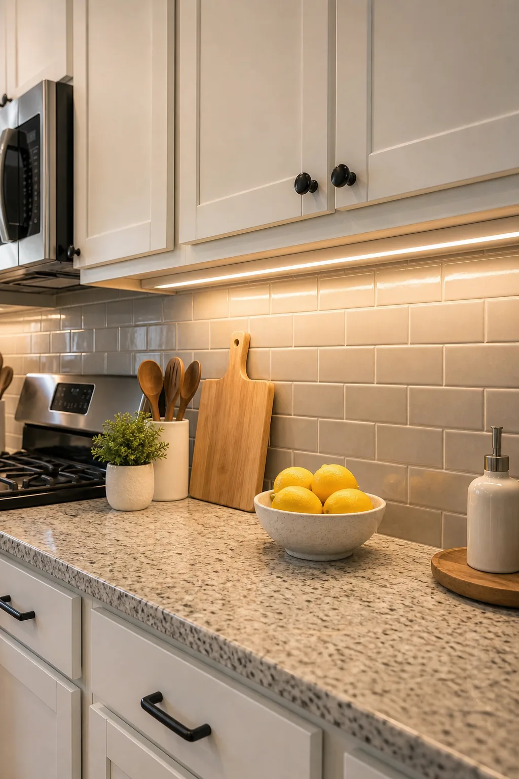 Bright LED task lighting shining down on a grey tile kitchen backsplash.