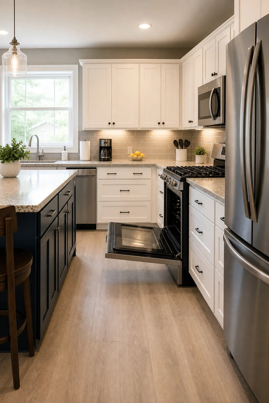 Open stainless steel oven door extending into a wide kitchen aisle without hitting the island.
