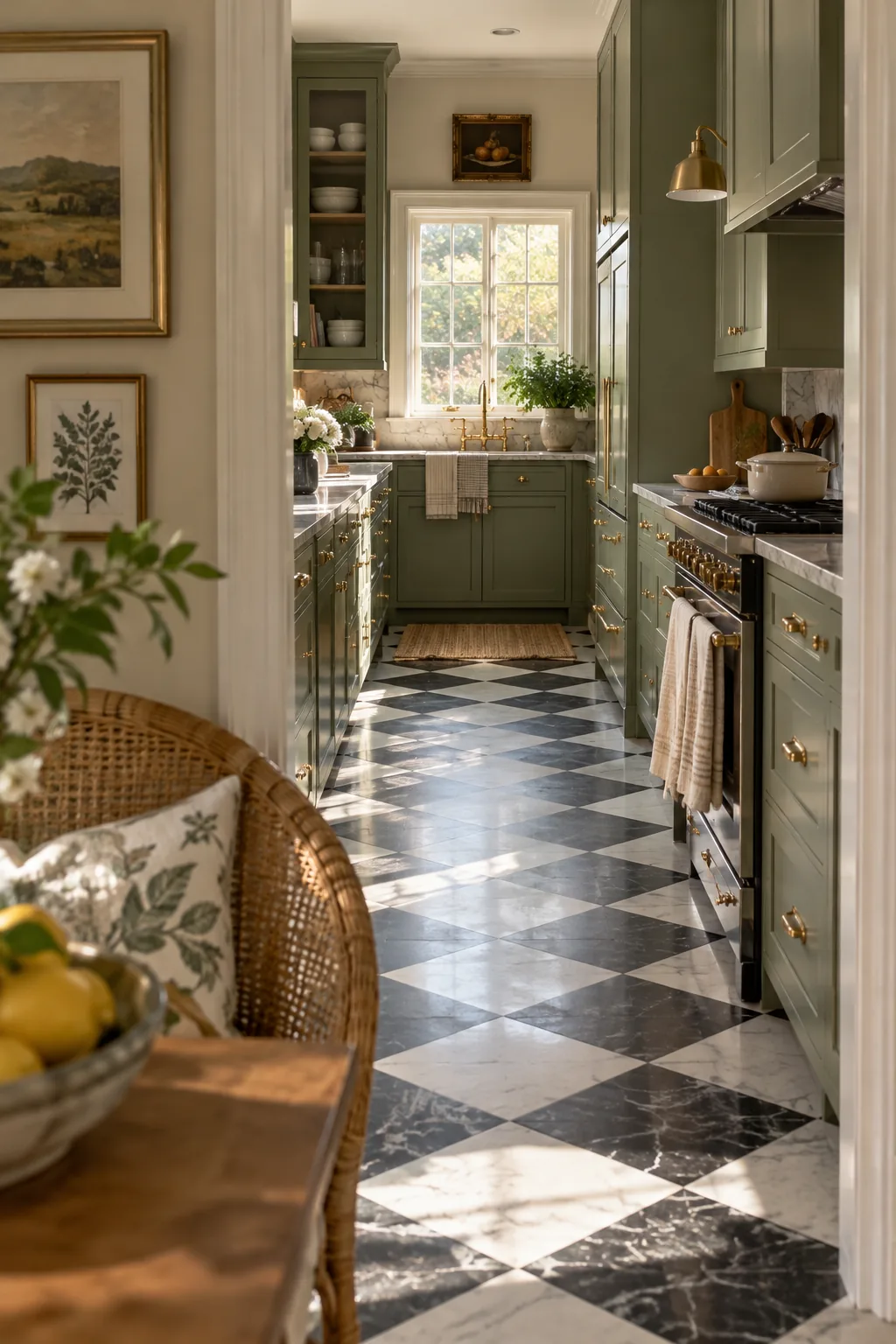 Black and white marble square tiles laid on a diagonal in a bright kitchen.