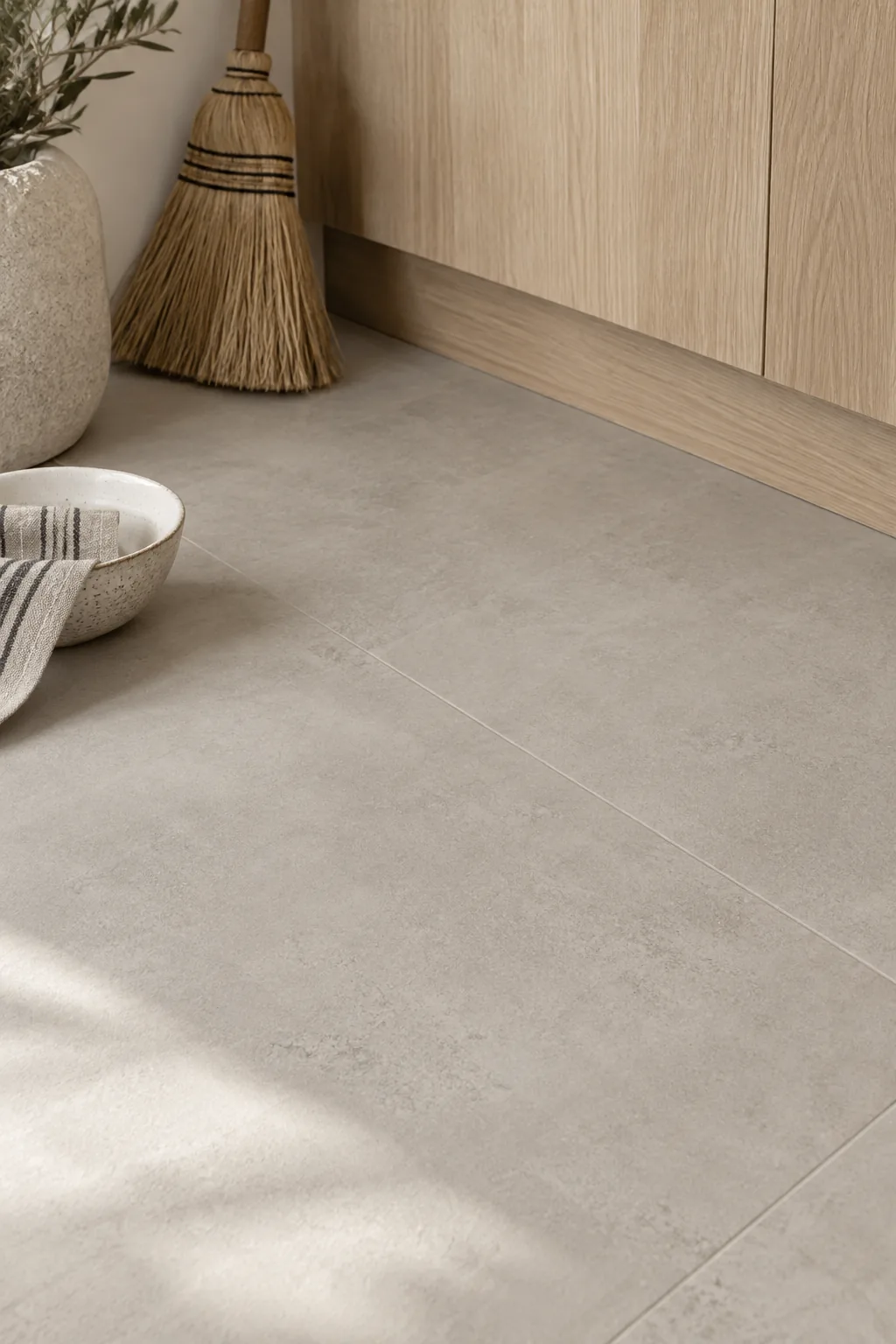 Oversized matte gray porcelain floor tiles with matching grout in a modern kitchen.