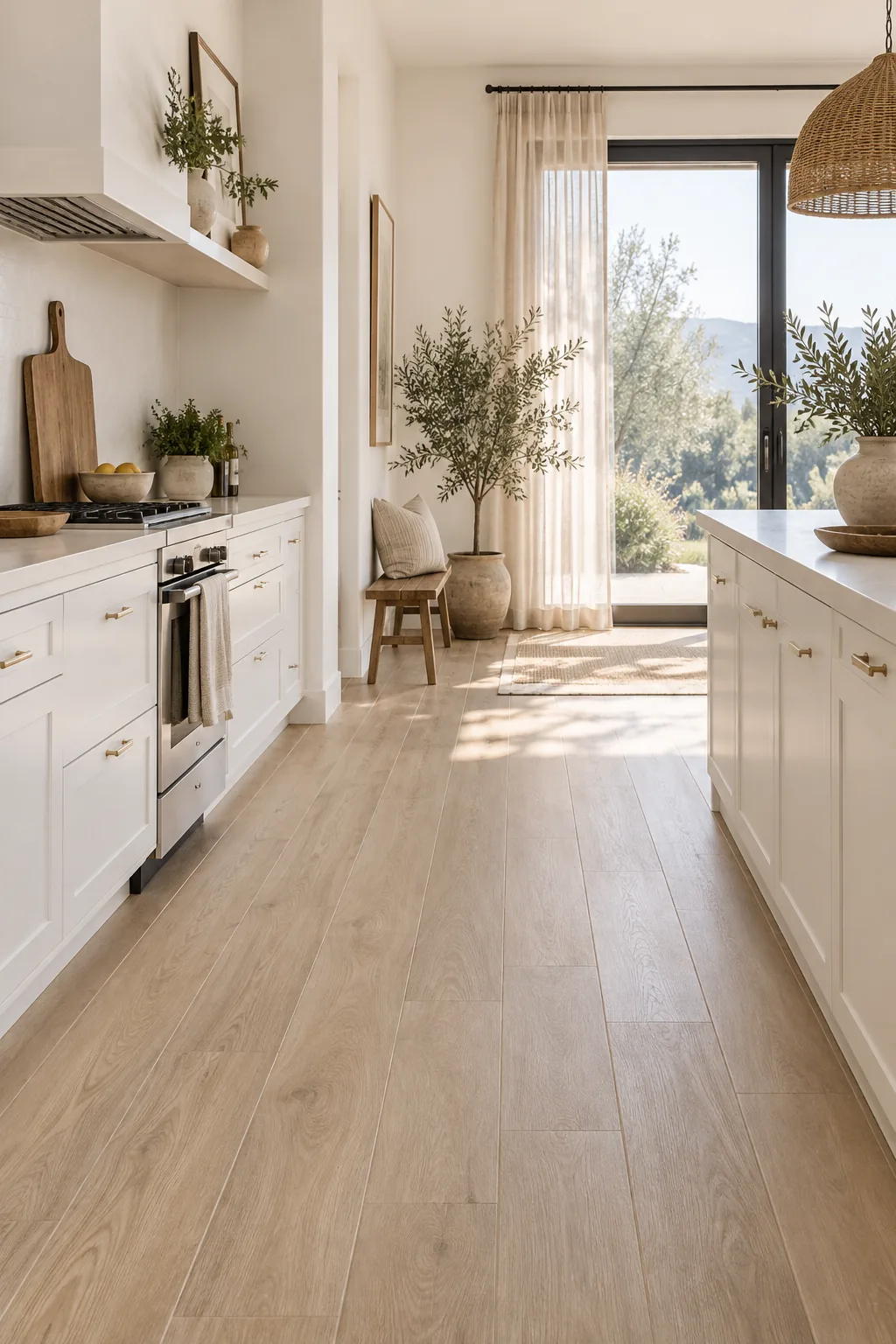 Warm oak wood-look porcelain tiles running parallel to the longest kitchen wall.