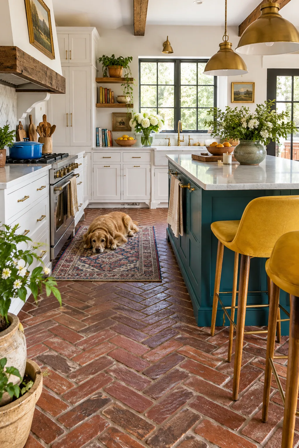 Red brick veneer floor tiles laid in a herringbone pattern next to white cabinets.