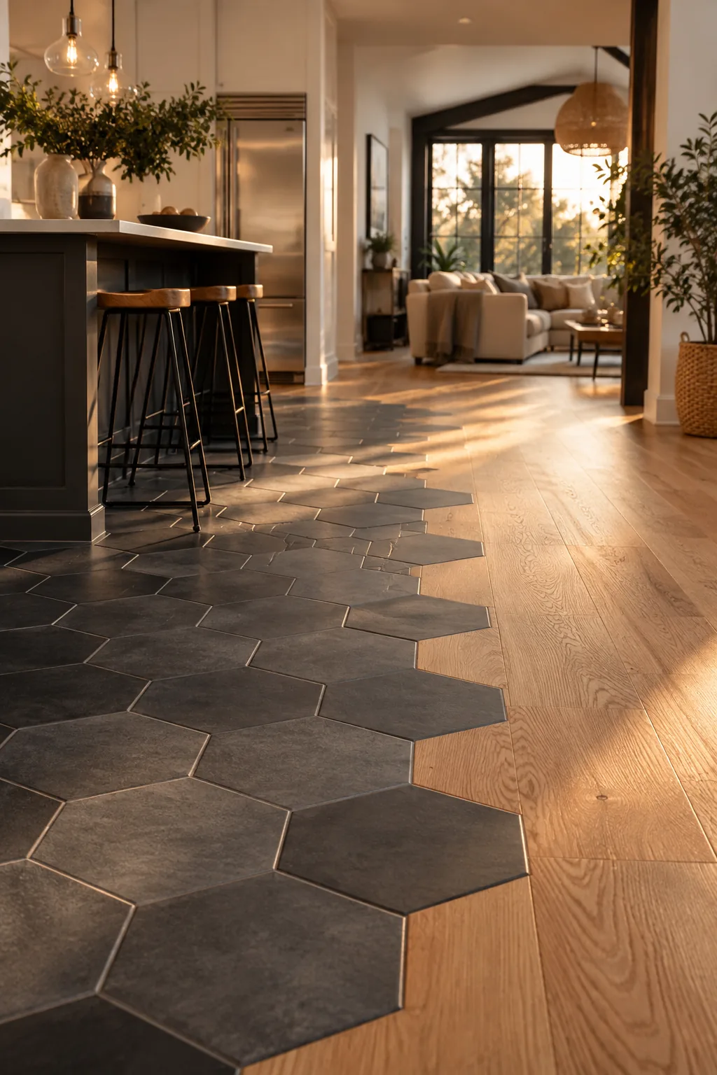 Charcoal hexagon tiles transitioning irregularly into light hardwood flooring.