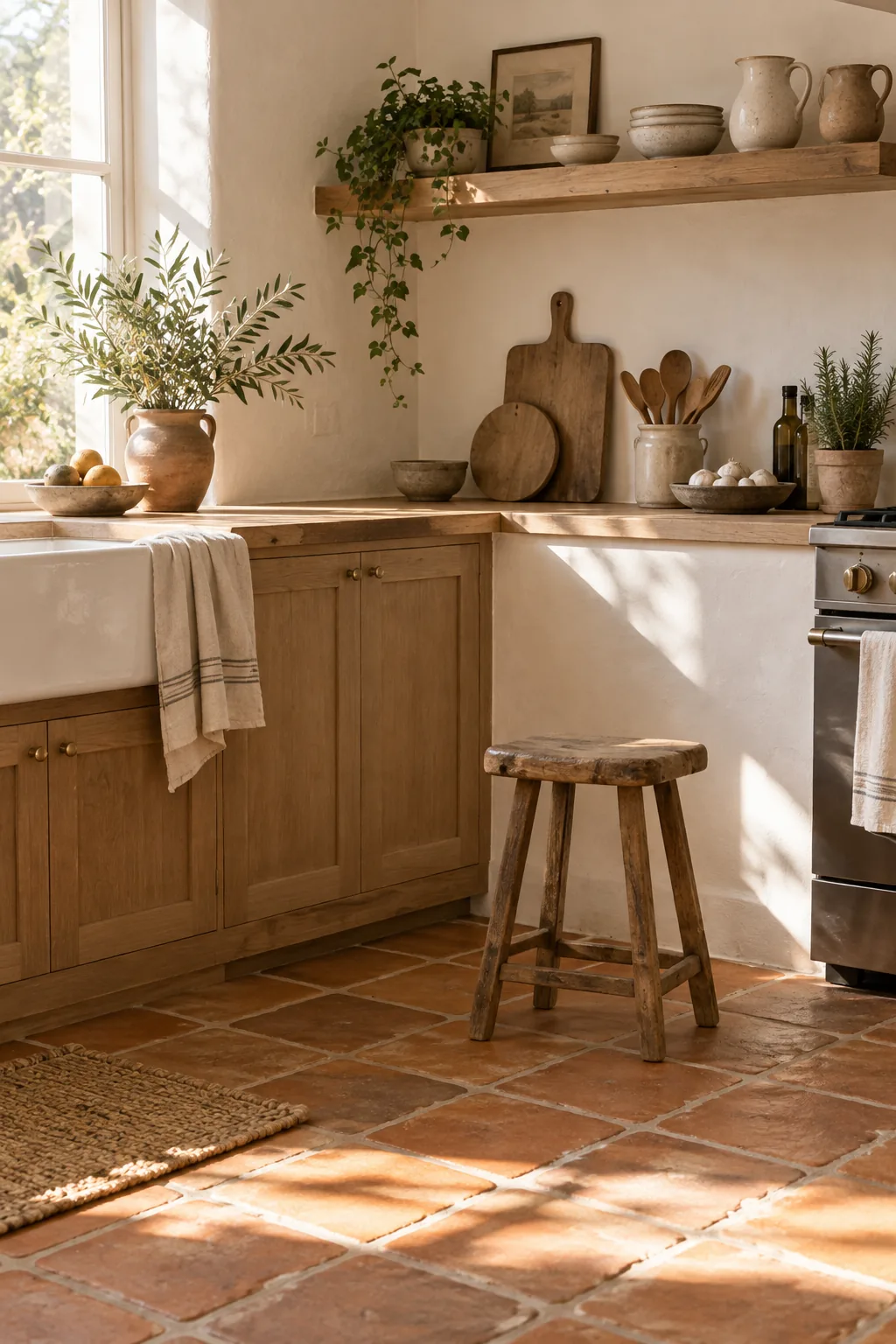 Square terracotta floor tiles with wide grout lines in a warm, rustic kitchen.