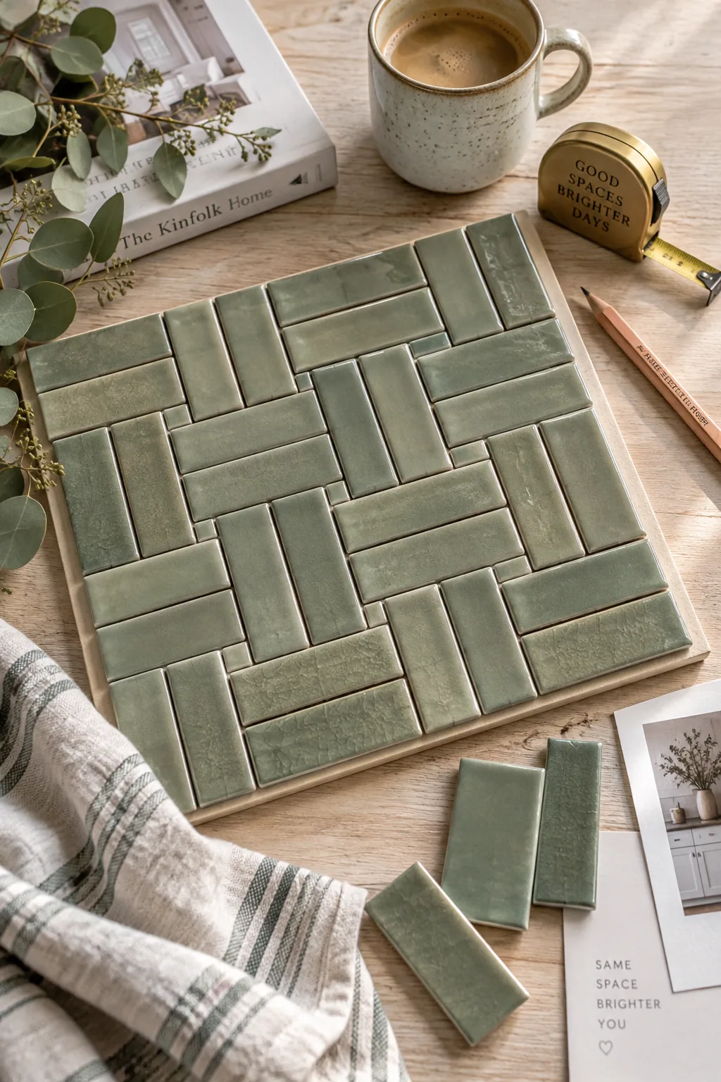 Matte white subway tiles laid in a double basketweave pattern on a kitchen floor.