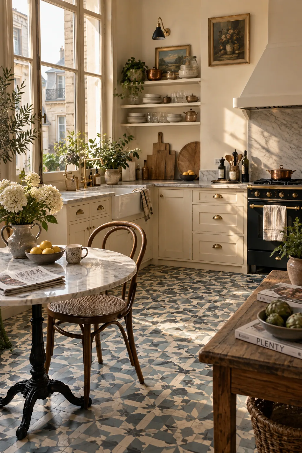 Patterned black and white encaustic cement floor tiles in a kitchen with quiet finishes.