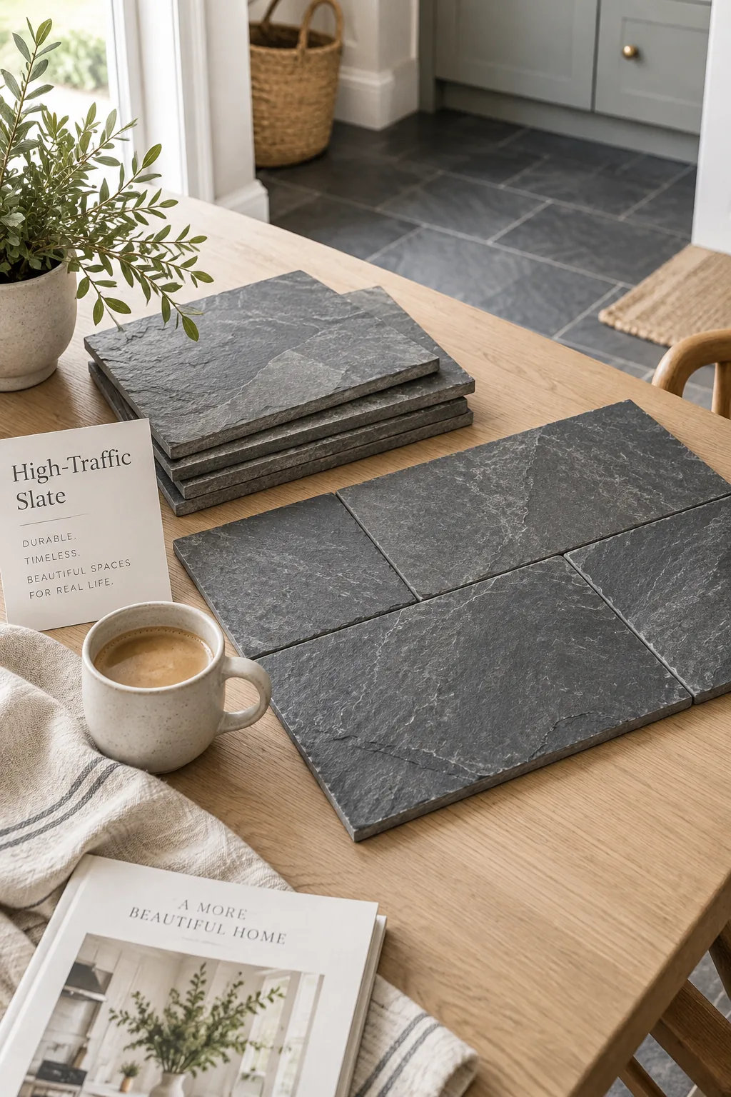 Large rectangular dark slate tiles laid in a running bond pattern.