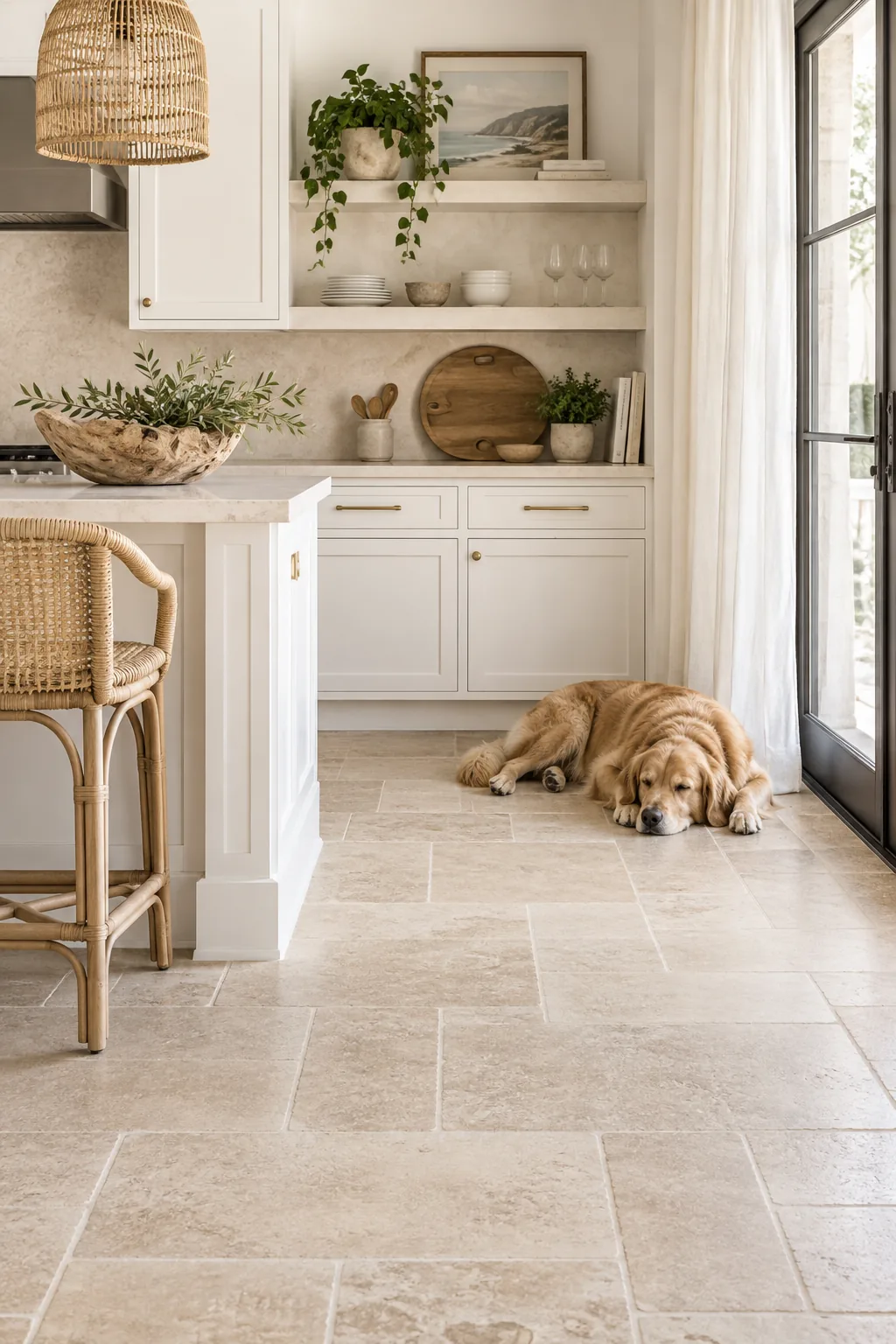 Light beige honed travertine tiles laid in a French pattern in a bright kitchen.