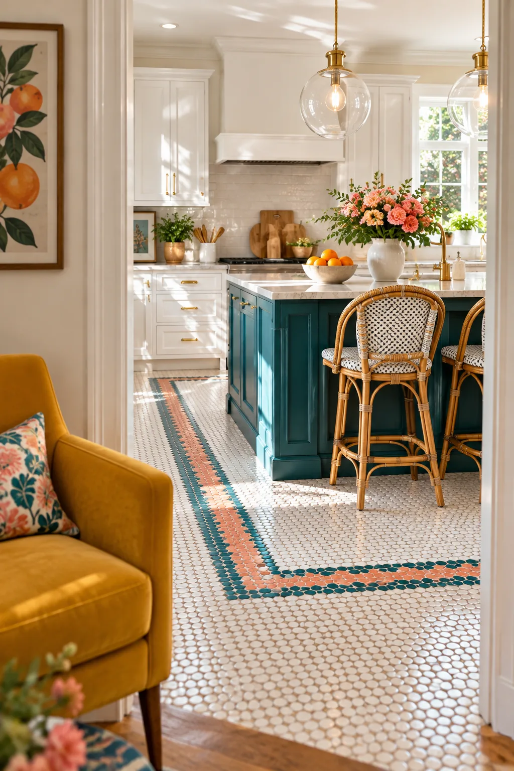 Navy and soft gray penny round tiles creating a border around a kitchen island.