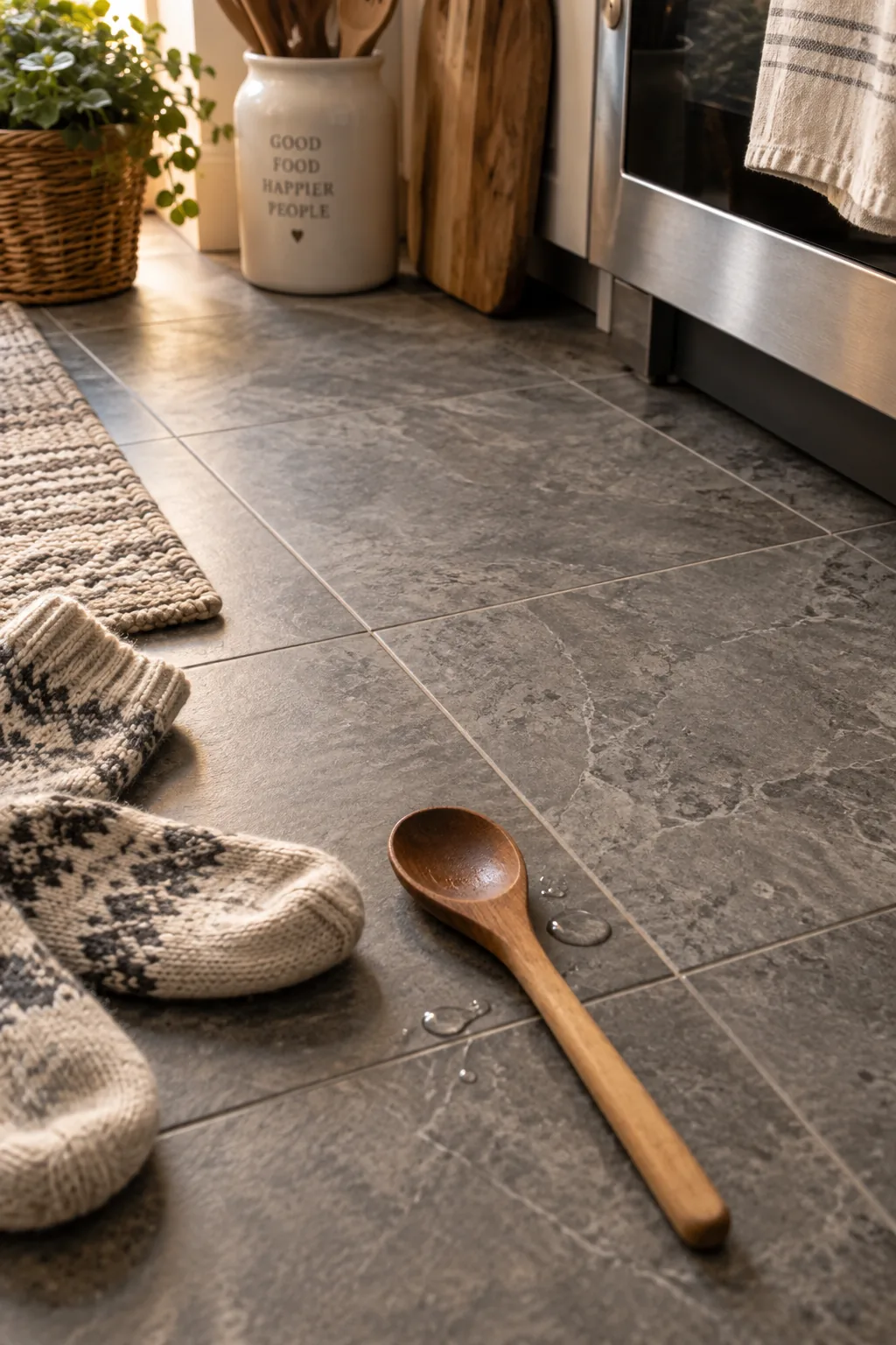 Click-together stone-look luxury vinyl tile flooring in a busy family kitchen.