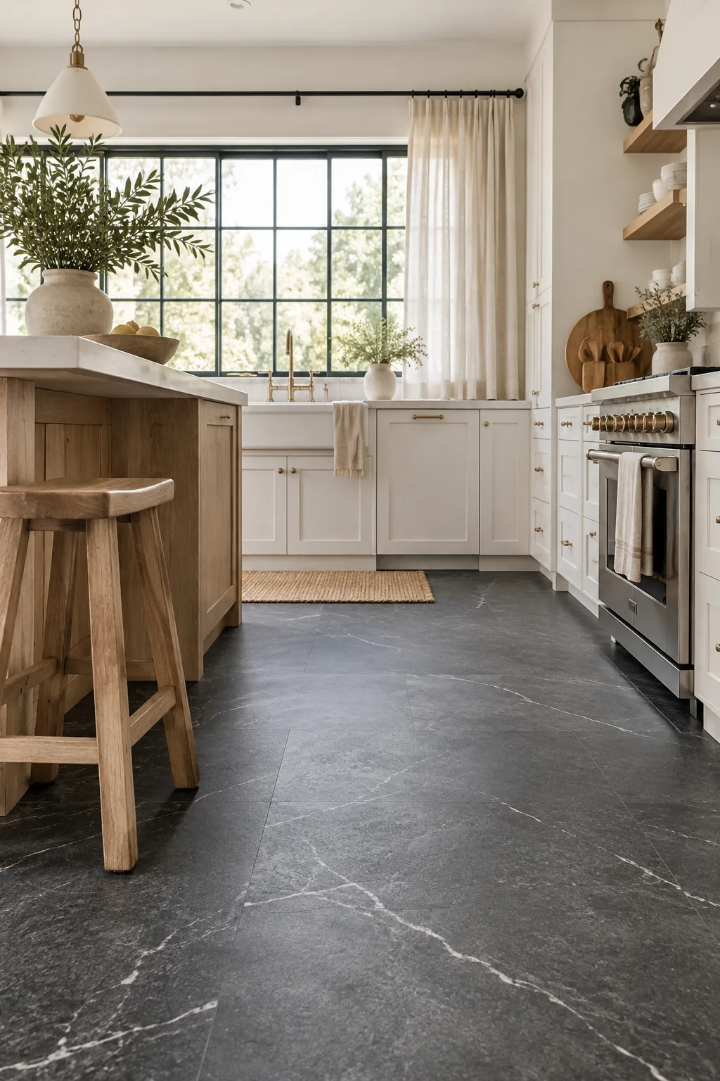 Dark charcoal soapstone-look porcelain tiles grounding a bright white kitchen.