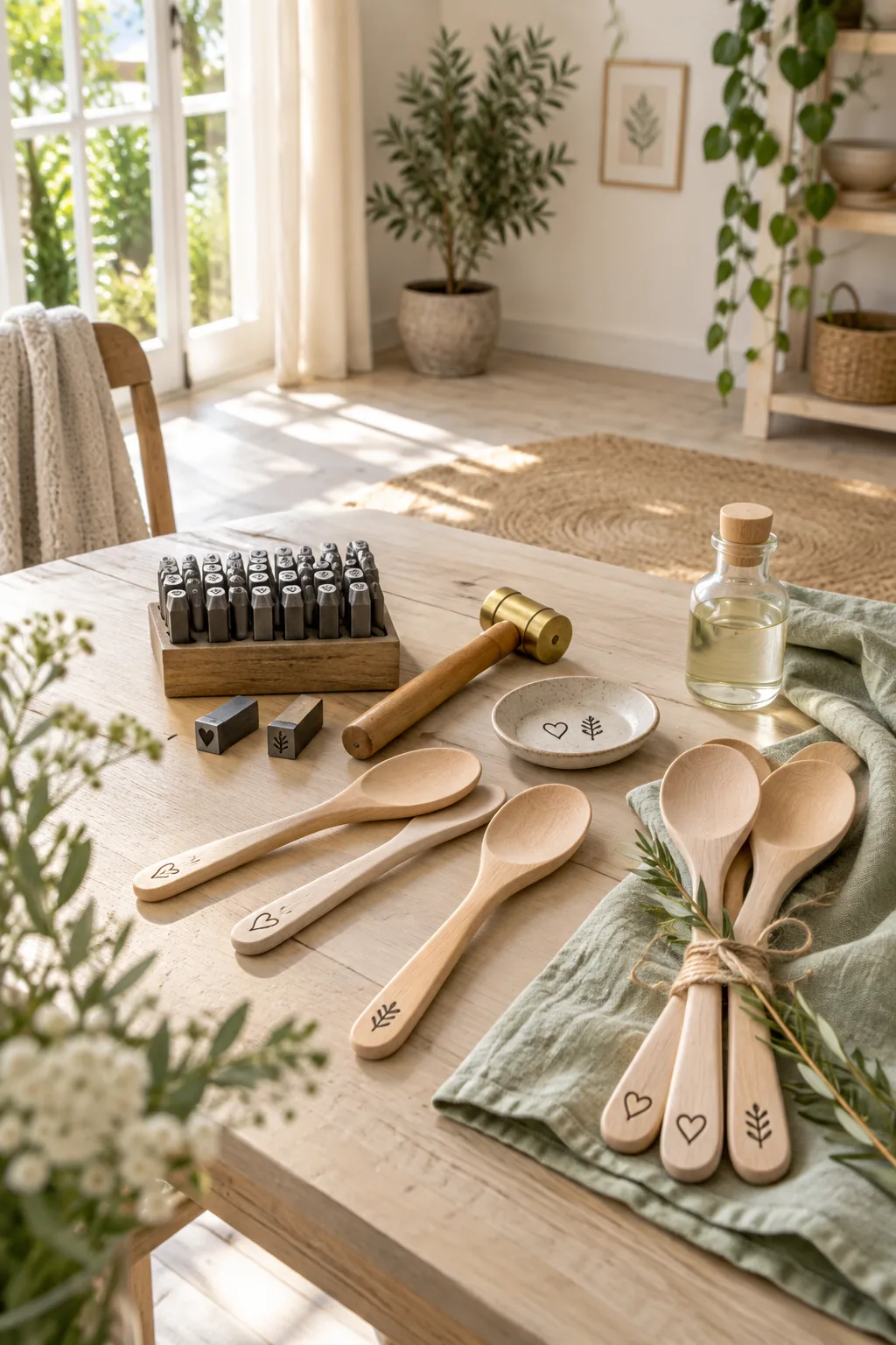 Three wooden spoons tied together with twine, featuring stamped letters on the handles
