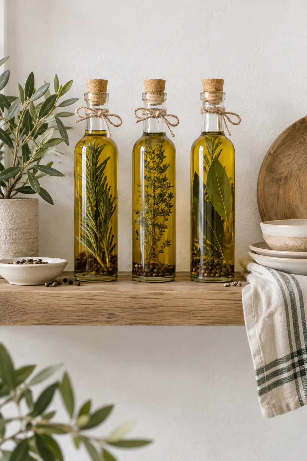 Tall glass bottle filled with olive oil, dried rosemary sprigs, and black peppercorns