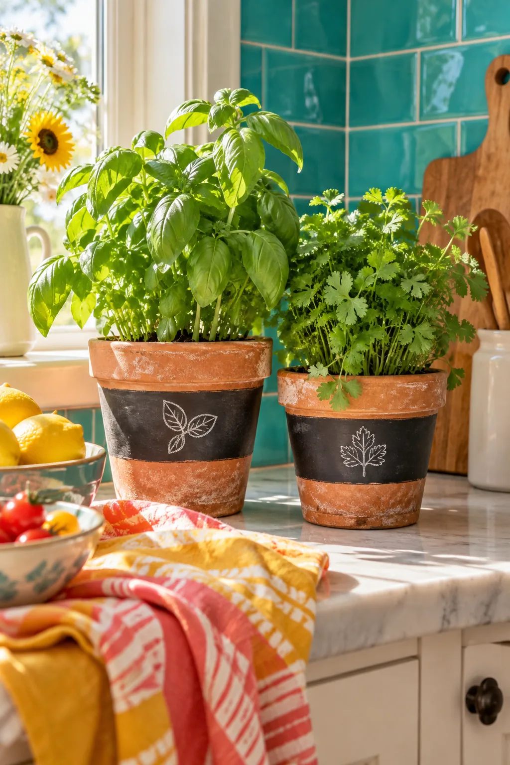 Fresh basil plant growing in a terracotta pot with a black chalkboard label