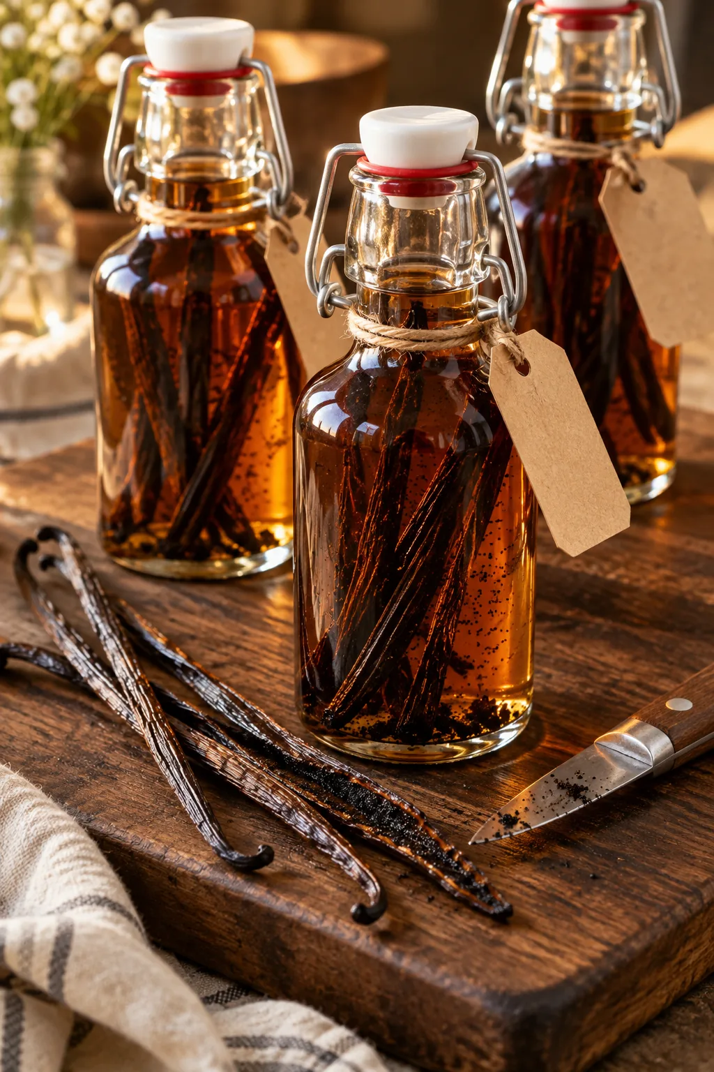 Small swing-top glass bottles filled with dark amber liquid and vanilla beans