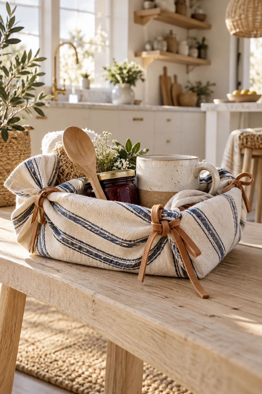 Kitchen items wrapped in a striped linen tea towel and tied with leather cord