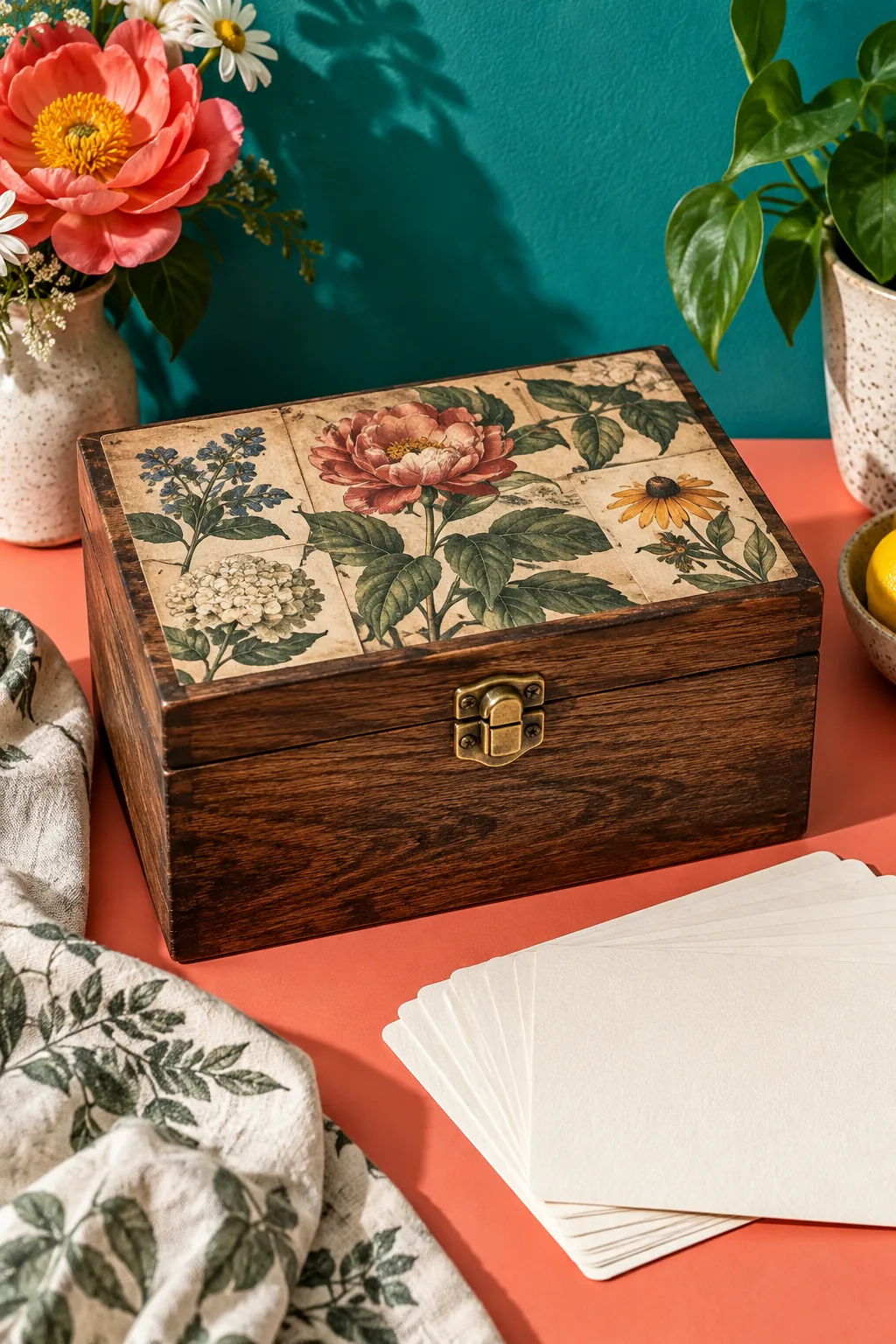 Dark stained wooden recipe box with botanical prints and blank cards inside