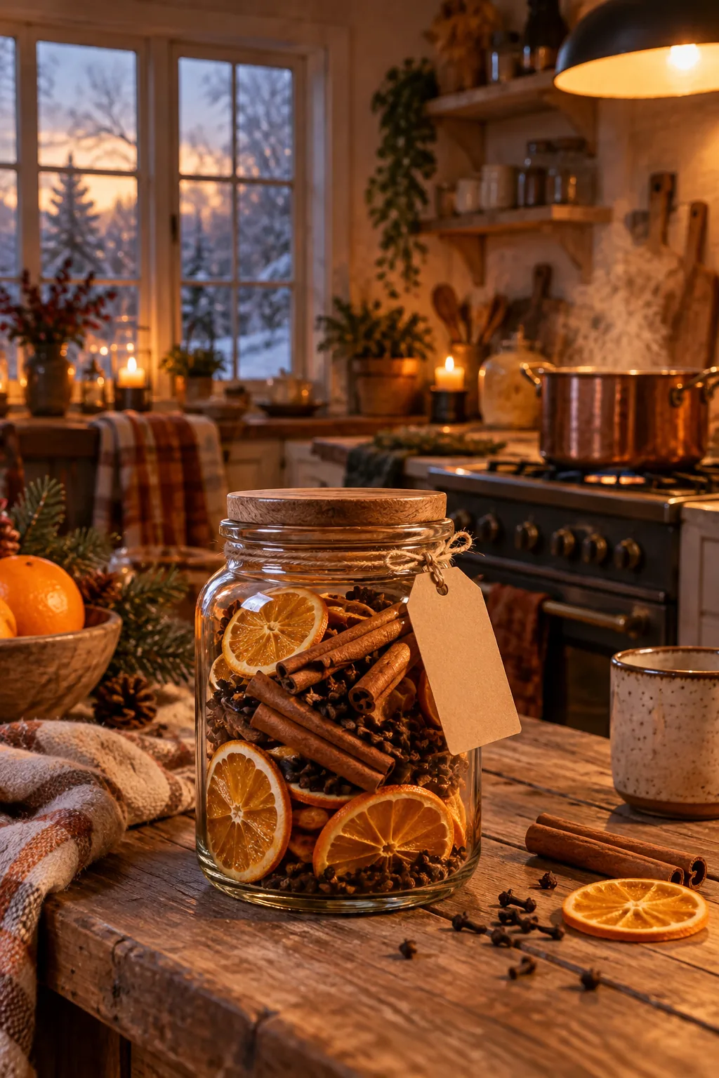 Glass canning jar filled with dried orange slices, cinnamon sticks, and cloves