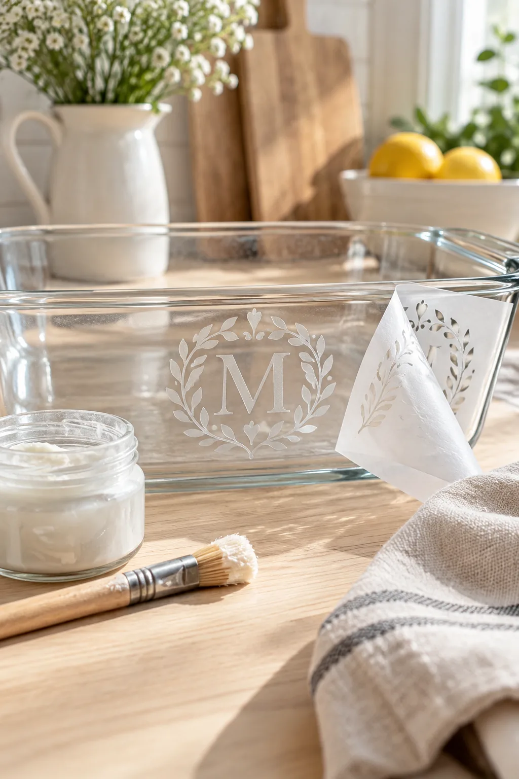 Clear glass baking dish with a frosted etched monogram letter on the side