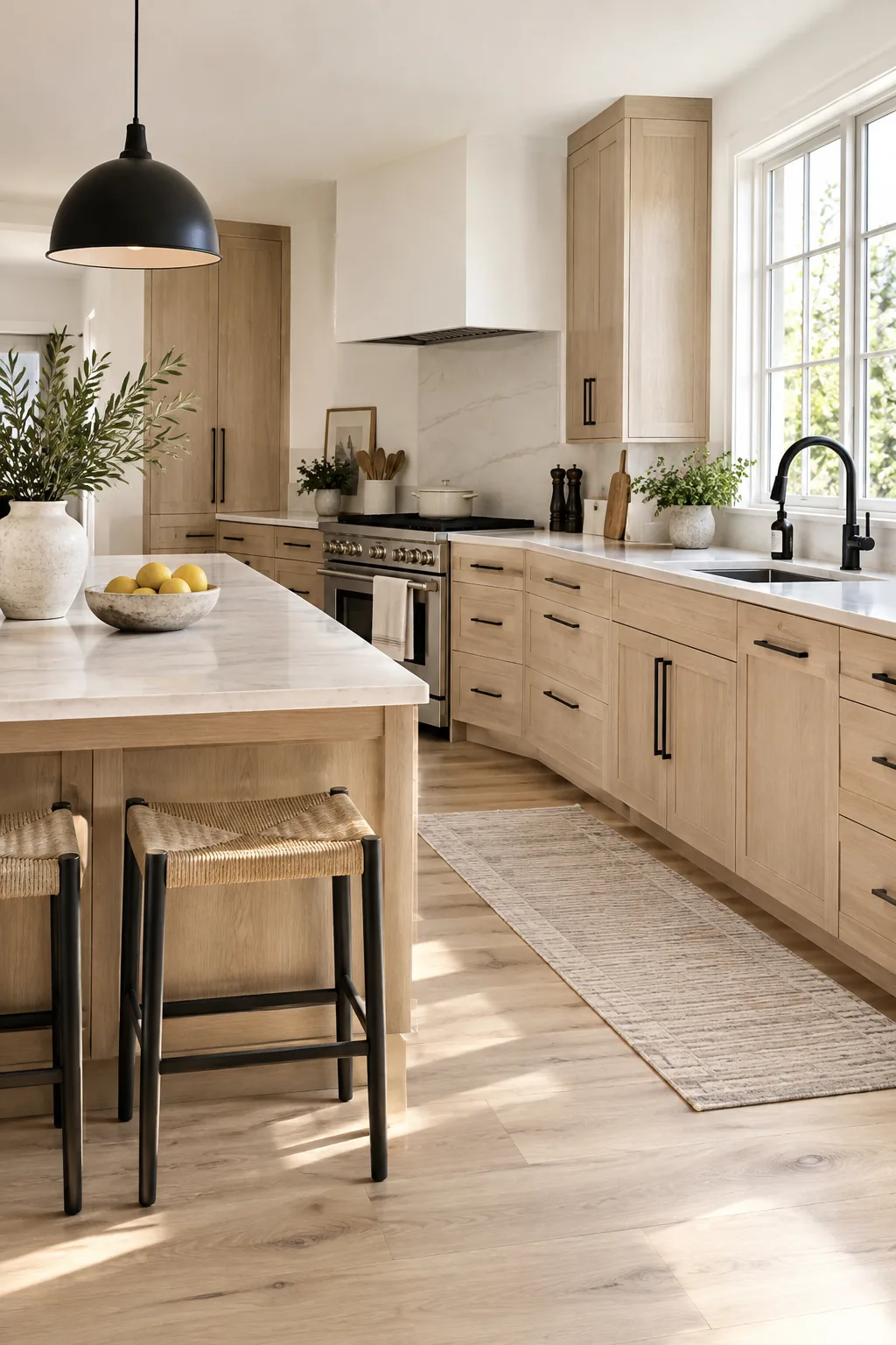 Light wood kitchen cabinets with matte black bar pulls and dark accents.
