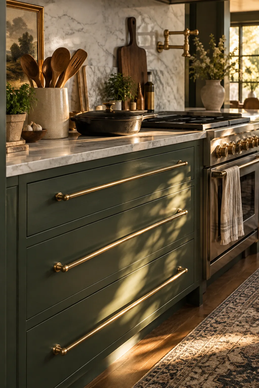 Oversized brass appliance pull on a wide lower kitchen drawer.
