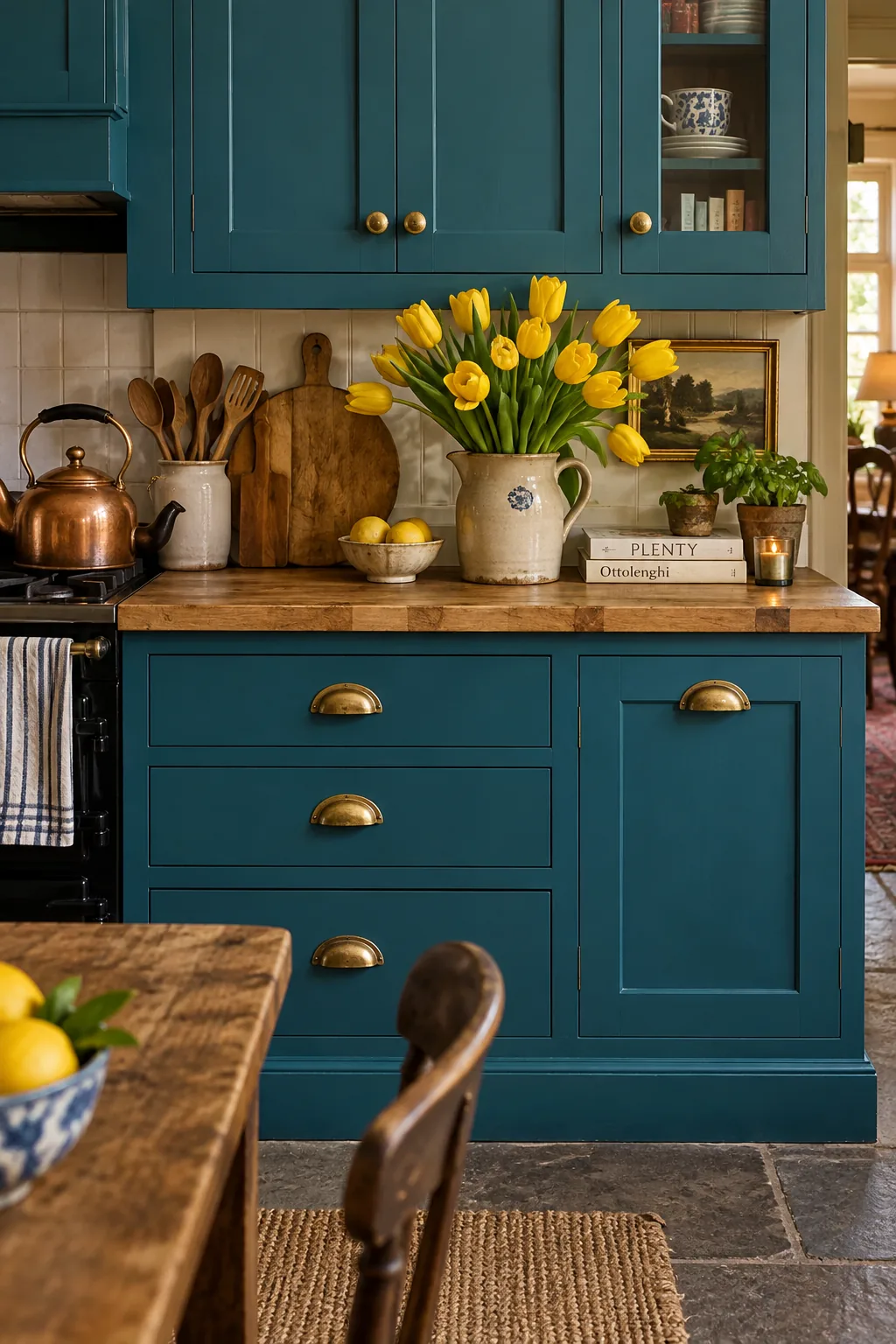Unlacquered brass cup pulls and round knobs on traditional kitchen cabinets.