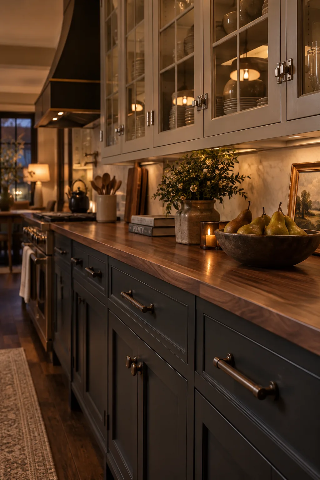Kitchen featuring polished nickel latches on upper glass cabinets and bronze pulls below.