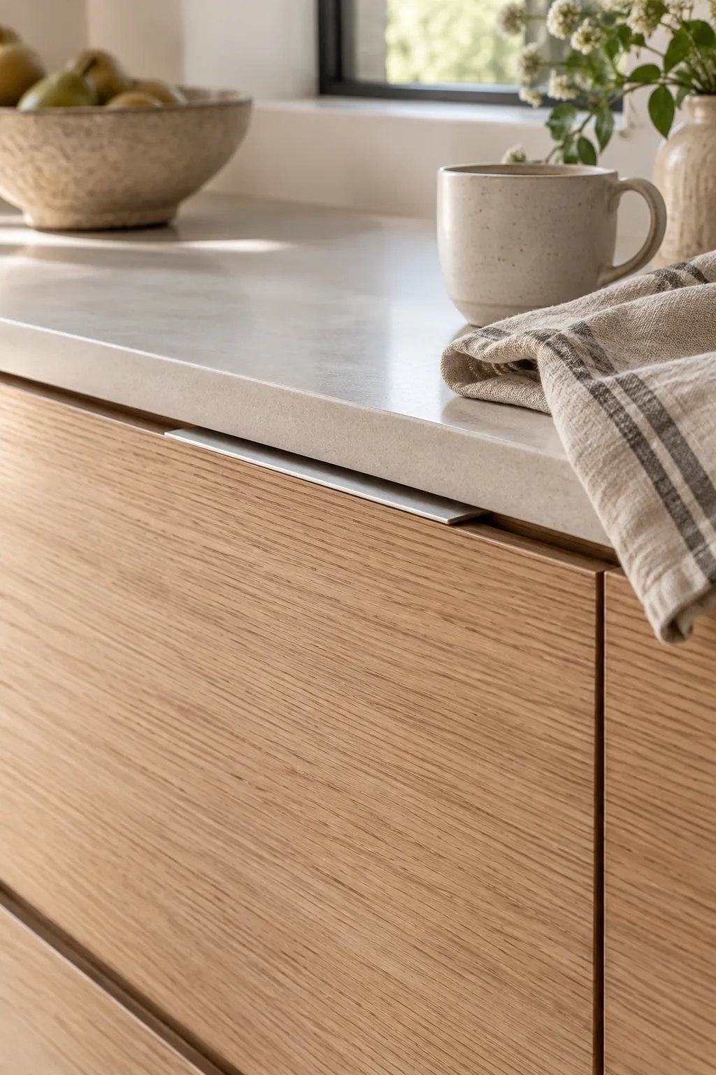 Modern flat-panel cabinets with minimalist brushed aluminum edge pulls on top lips.